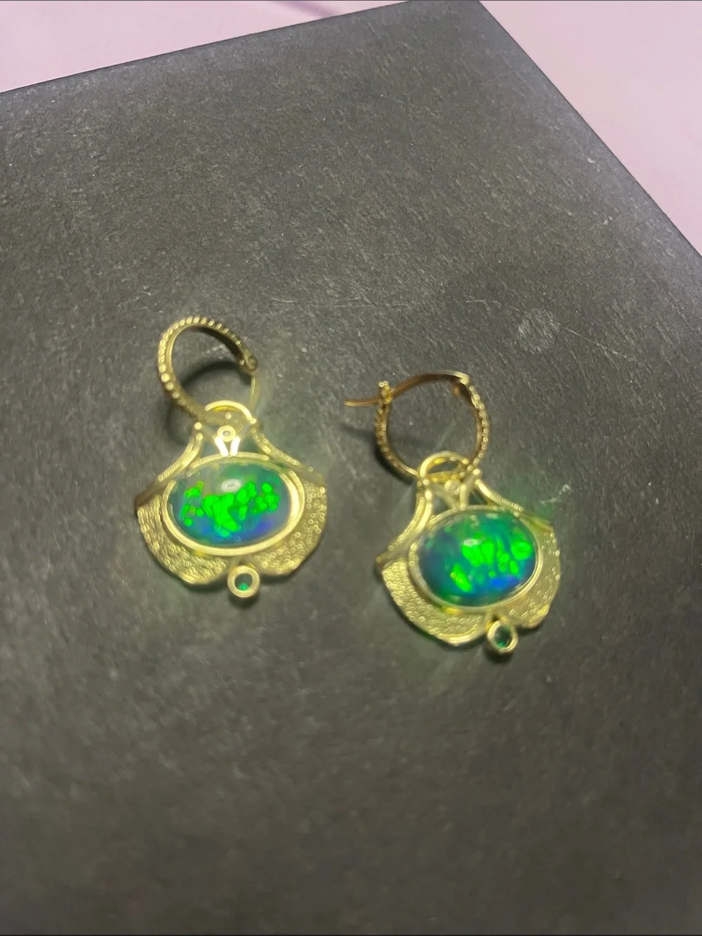Gold-Tone Earrings with Green-Blue Opal Cabochons - Women Jewelry